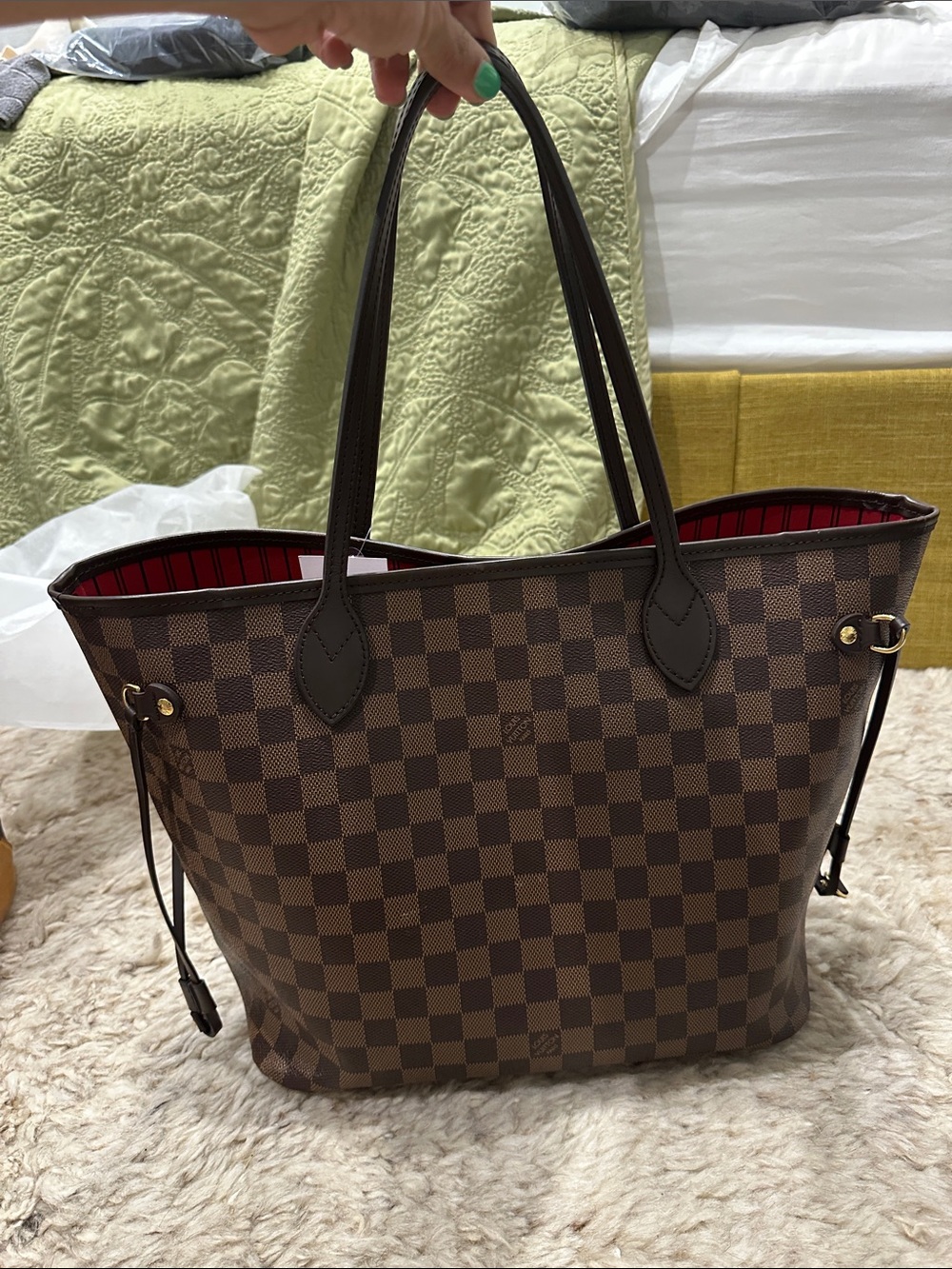 Brown Checkered Tote Bag with Red Interior